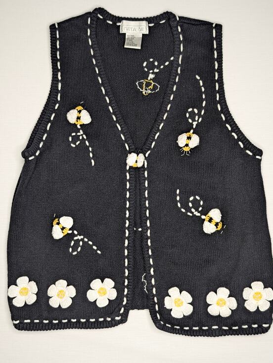 Mandal Bay Sweaters - Mandal Bay Vintage 90s Knit Vest Lrg Cottagecore Beaded Bumble Bee Daisy Floral